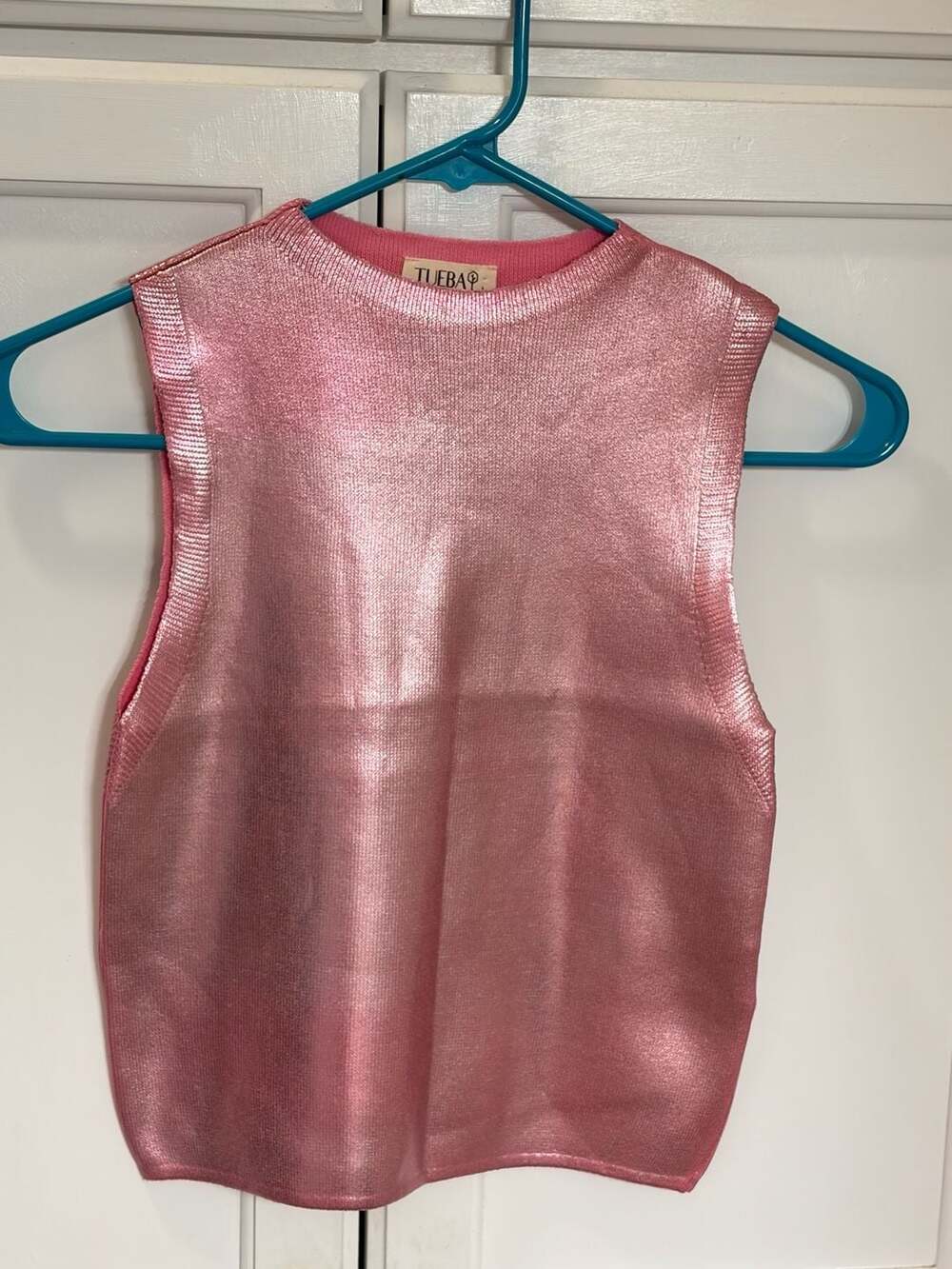 TUEBAY Y2K Pink Metallic Coated Knit Sleeveless Crop Tank Top large Barbiecore